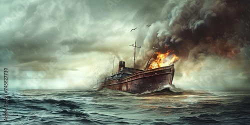 Ship Ablaze at Sea