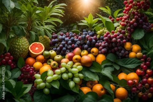 A picturesque orchard brimming with various fruit plants glowing under ideal lighting. Each plant is portrayed in super realistic detail  showcasing the natural growth and abundance 