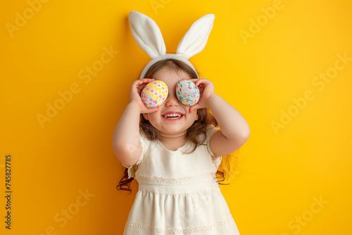 cute little girl with bunny ears holds Easter eggs by the eyes, Easter holiday card with copy space