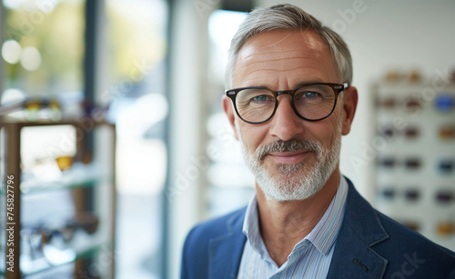 Middle-aged Man Seeking Better Vision at Eyeglasses Store