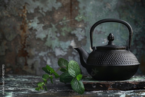 Elegant black teapot with mint herbs and stone