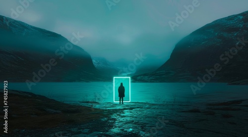 Mysterious figure before a glowing portal - A shadowy figure stands before a luminous, rectangular portal in a misty, mountainous landscape