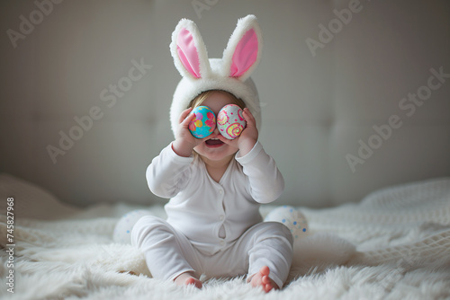 cute little child with bunny ears holds Easter eggs by the eyes, Easter holiday card
