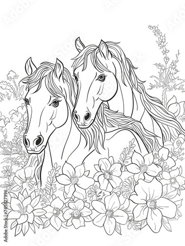 Cute horses with flowers. Isolated outline for coloring book