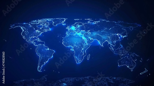 Static world map with digital blue continents - A detailed illustration of the world in digital blue outlines emphasizing a global network concept