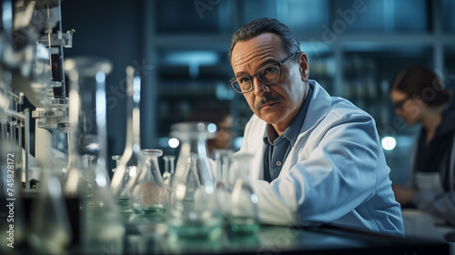 Scientist senior male researcher carrying out scientific research in a lab scientist engrossed in a laboratory experiment, surrounded by beakers and equipment, examining chemical,Portrait of confident