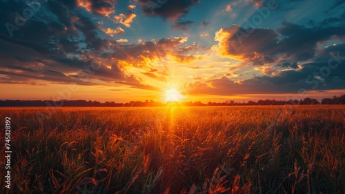 Sunset over a golden field with vivid sky - Majestic sunset casting a golden hue over a vast field with clouds dispersing the sunlight