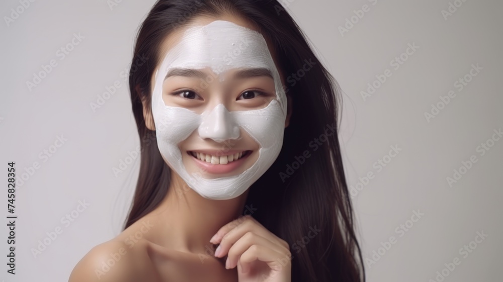 Woman with a facial mask looking playful - Asian woman with a beauty facial mask on, smiling coyly at the camera with a playful expression