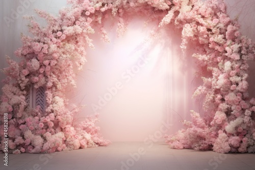 Whimsical floral installation - An intricate and whimsical floral installation forms a tunnel of pink and white blooms, inviting imagination and nostalgia