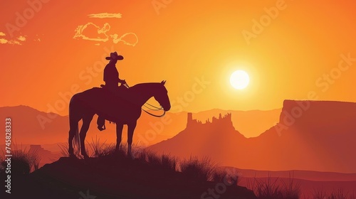 Silhouetted western cowboy on horseback at sunset in desert