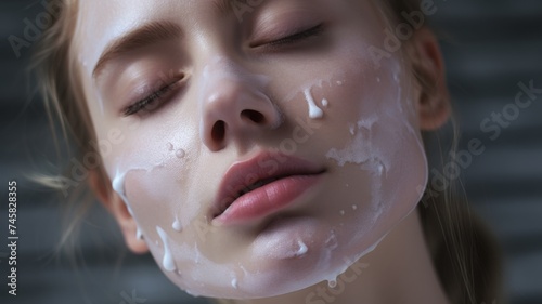 Woman with Moisture Drops on Her Skin Close-Up - High-definition close-up of a tranquil woman s face with moisture drops on her soft skin  emphasizing beauty
