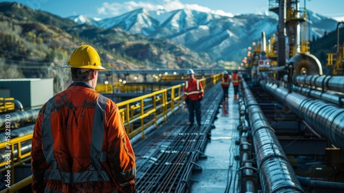 Worker in industrial plant with pipeline - A solitary worker in high visibility clothing inspects pipeline infrastructure in an industrial landscape