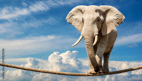 Huge white and grey elephant walking on a rope  against a clear blue sky with clouds and copy space. Generative Ai.