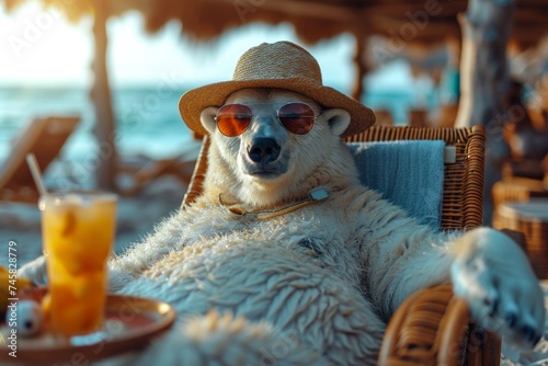A polar bear in a hat and glasses is relaxing on the beach in a chaise longue drinking orange juice. 3d illustration