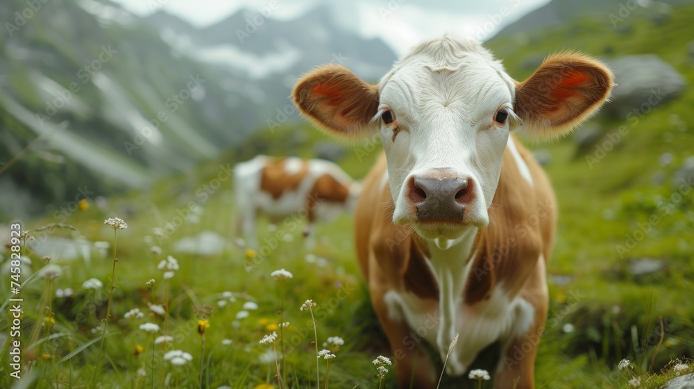 Cows graze on an alpine green meadow
