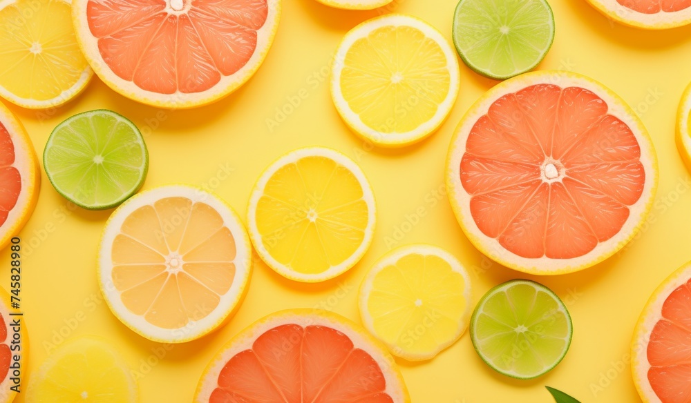 Obraz premium citrus slices are lying on top of yellow background