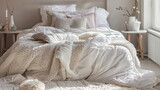 A cozy bed with a fluffy white blanket and soft pillows, inviting and comfortable.