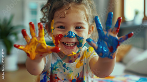 Children's hands are stained with paints.
