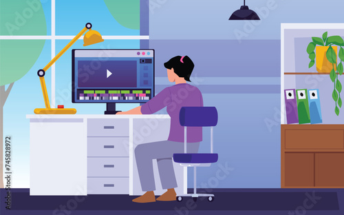 A girl at a computer desk watches a video, vector illustration.