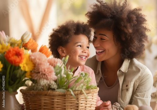 a woman showing her son the easter basket