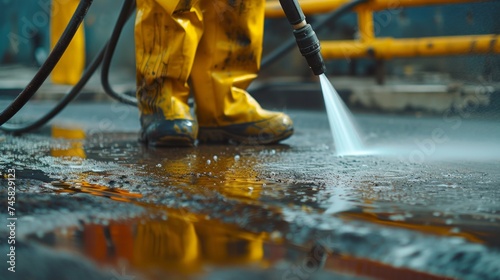 Workers Using Pressure Washer to Clean Driveways for Professional Cleaning Service.