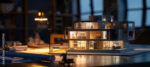 Architectural Model of Modern Apartment Building at Dusk