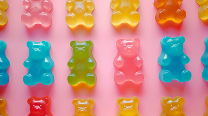 Colorful gummy bears candy arranged on a pink background.