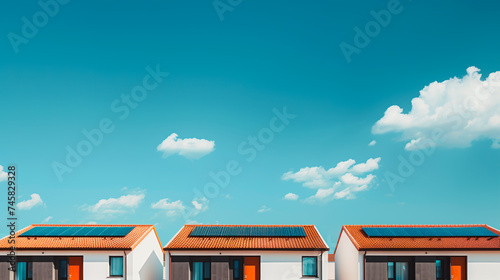 Modern houses with solar panels under clear blue sky, concept of sustainable living.