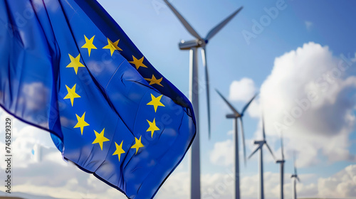 EU flag with wind turbines, representing renewable energy and sustainability in Europe.