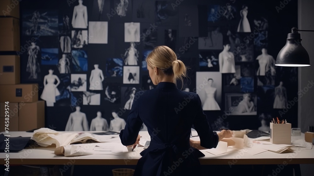 Naklejka premium a woman in black blouse is sitting at a desk with mannequins on the wall