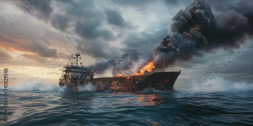 Ship Ablaze at Sea