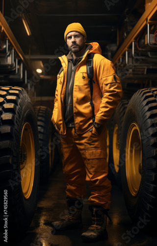car mechanic holding tire on black background.