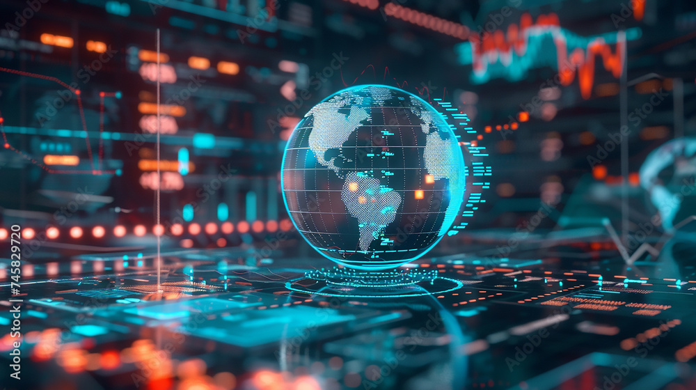 © Naveed - A digital hologram of a globe surrounded by financial data, representing global economic analysis and forecasting.