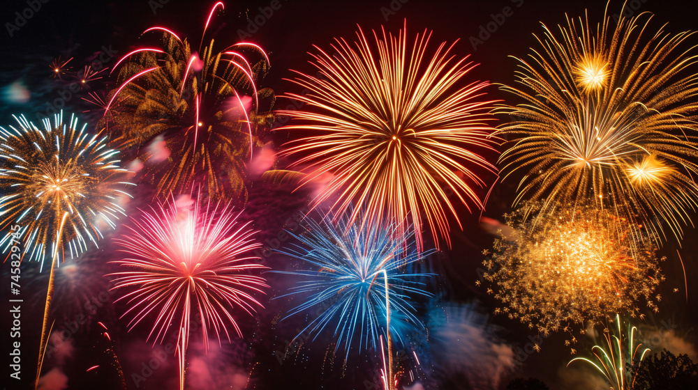 Naklejka premium A variety of colorful fireworks exploding in the sky