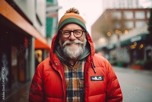 Portrait of a senior man with beard and eyeglasses in the city