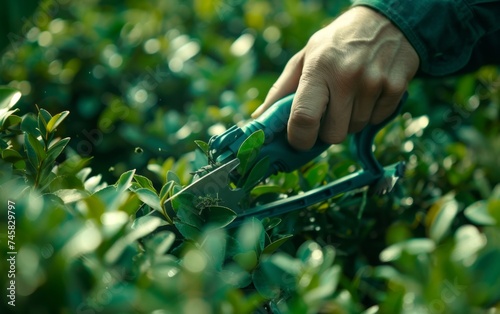 male gardener trims bushes with bush clippers