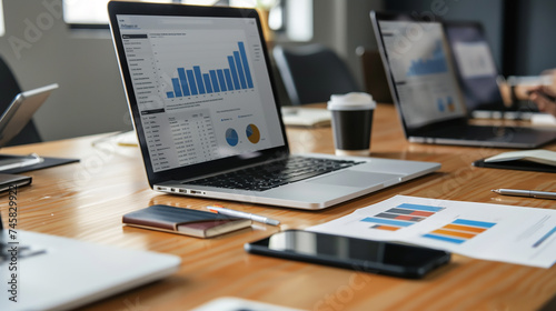 A digital marketing strategy meeting, with laptops and digital devices on a conference table.