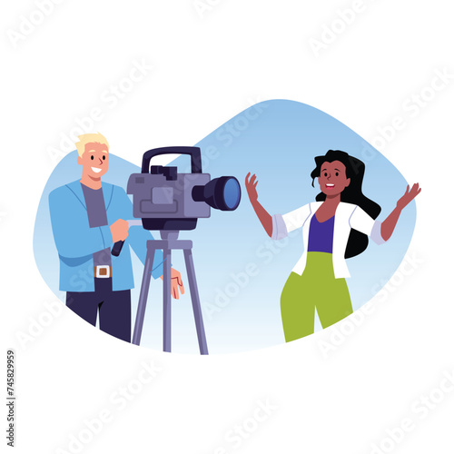 Sticker style illustration of a male cameraman with a video camera filming a woman.
