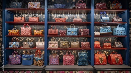 A display of handbags and accessories on shelves in a boutique.