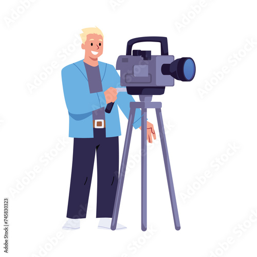 Videographer with his video camera on an isolated background.