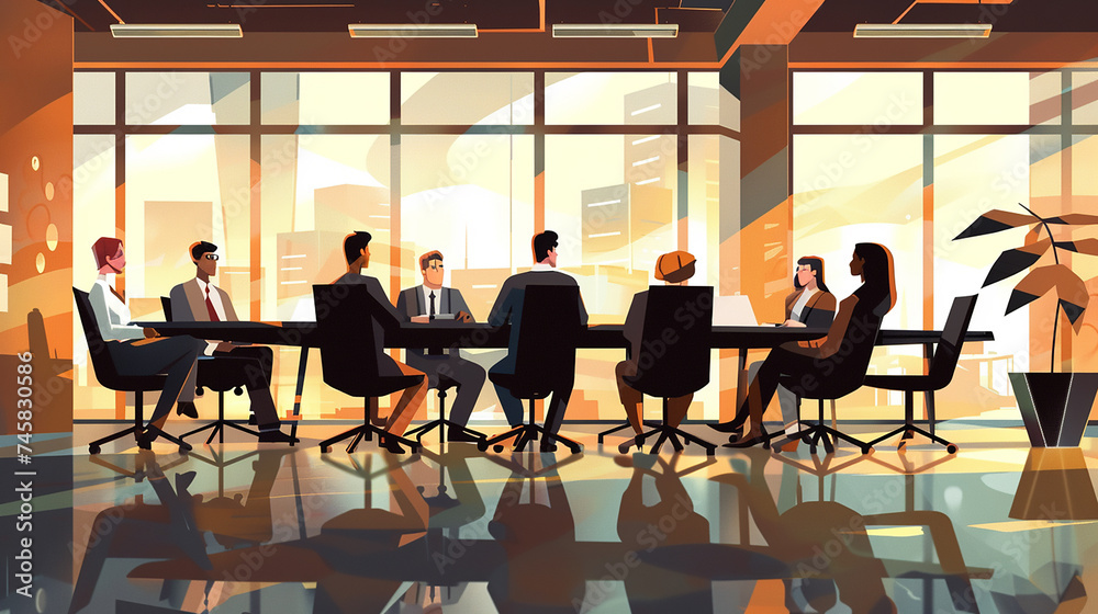 A group of business executives having a discussion in a boardroom, with a large conference table.