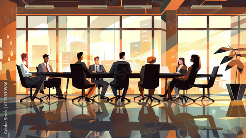 A group of business executives having a discussion in a boardroom, with a large conference table.