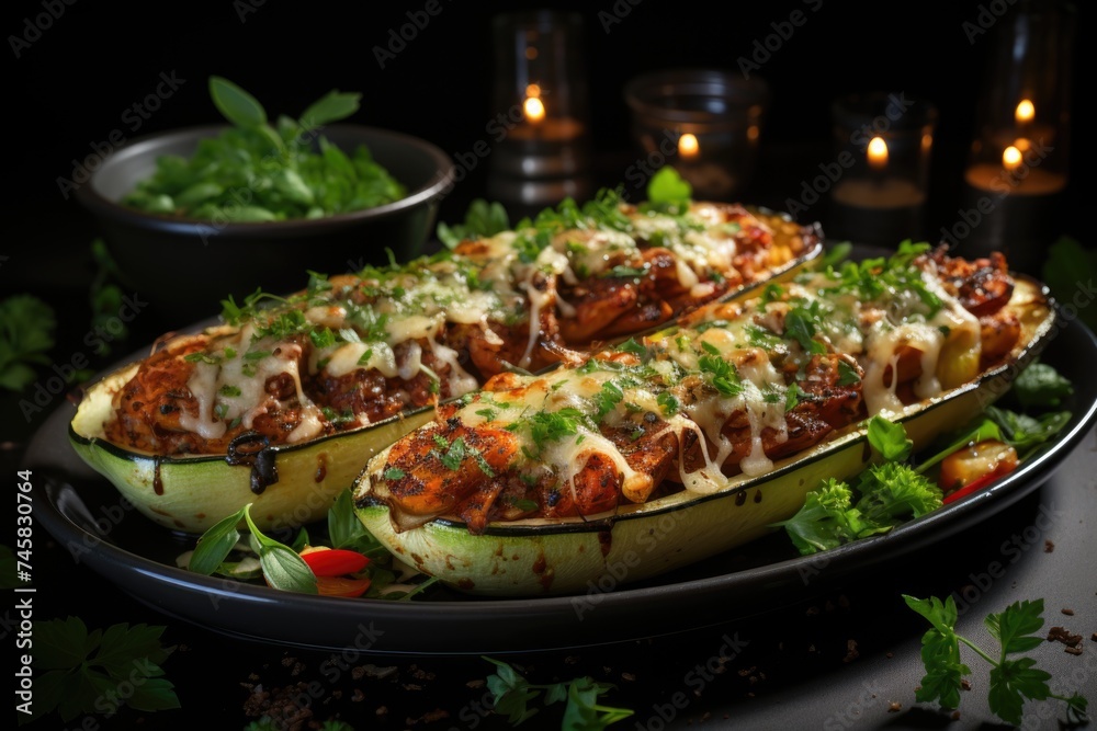 Zucchini stuffed with chicken, tomato and onion with cheese crust, generative IA