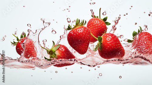 Fresh strawberry fruits falling in water splash	,on white background.