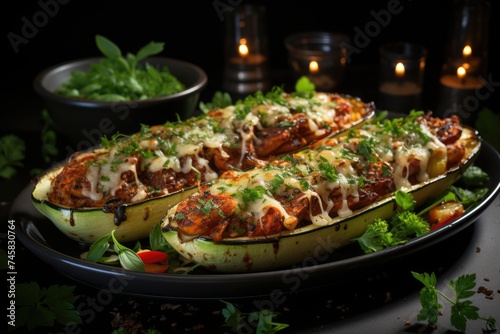 Zucchini stuffed with chicken  tomato and onion with cheese crust  generative IA