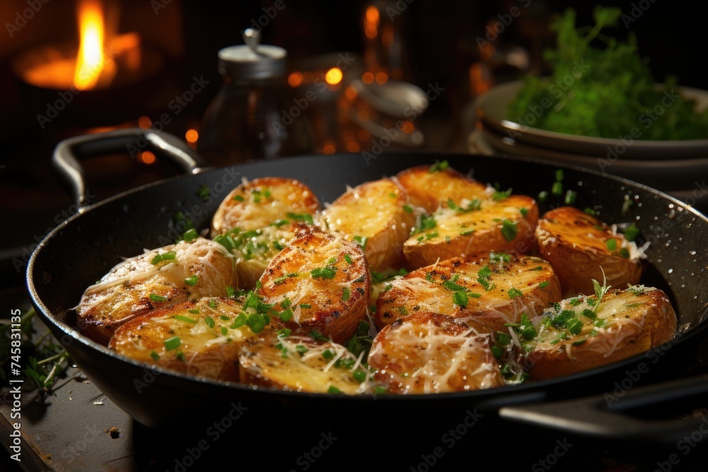 Baked potatoes with garlic, herbs and chantelles fried in a cast iron frying pan., generative IA