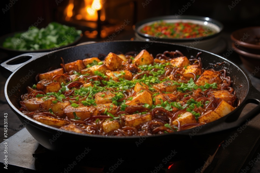 Berinjela spicy hot stew in Korean style with green onion, generative IA