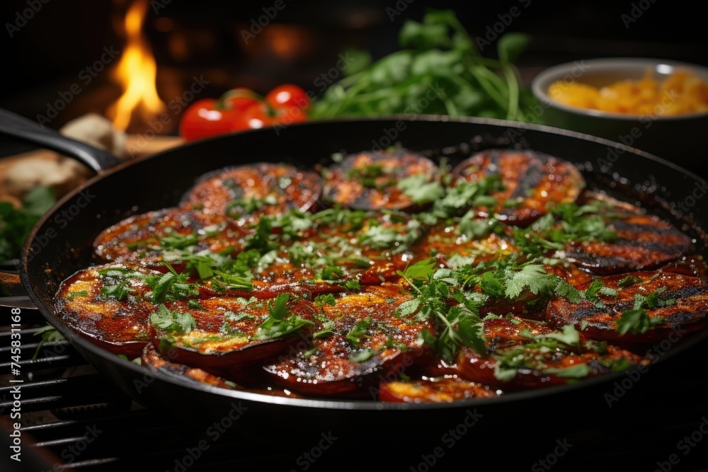 Beyti Kebab involves in tomato sauce with grilled peppers, close-up, generative IA