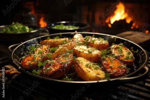 Baked potatoes with garlic, herbs and chantelles fried in a cast iron frying pan., generative IA