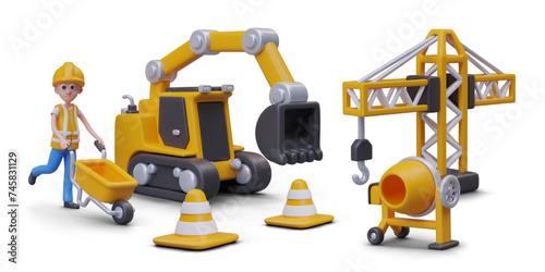 Male character in overalls, heavy construction machinery, equipment